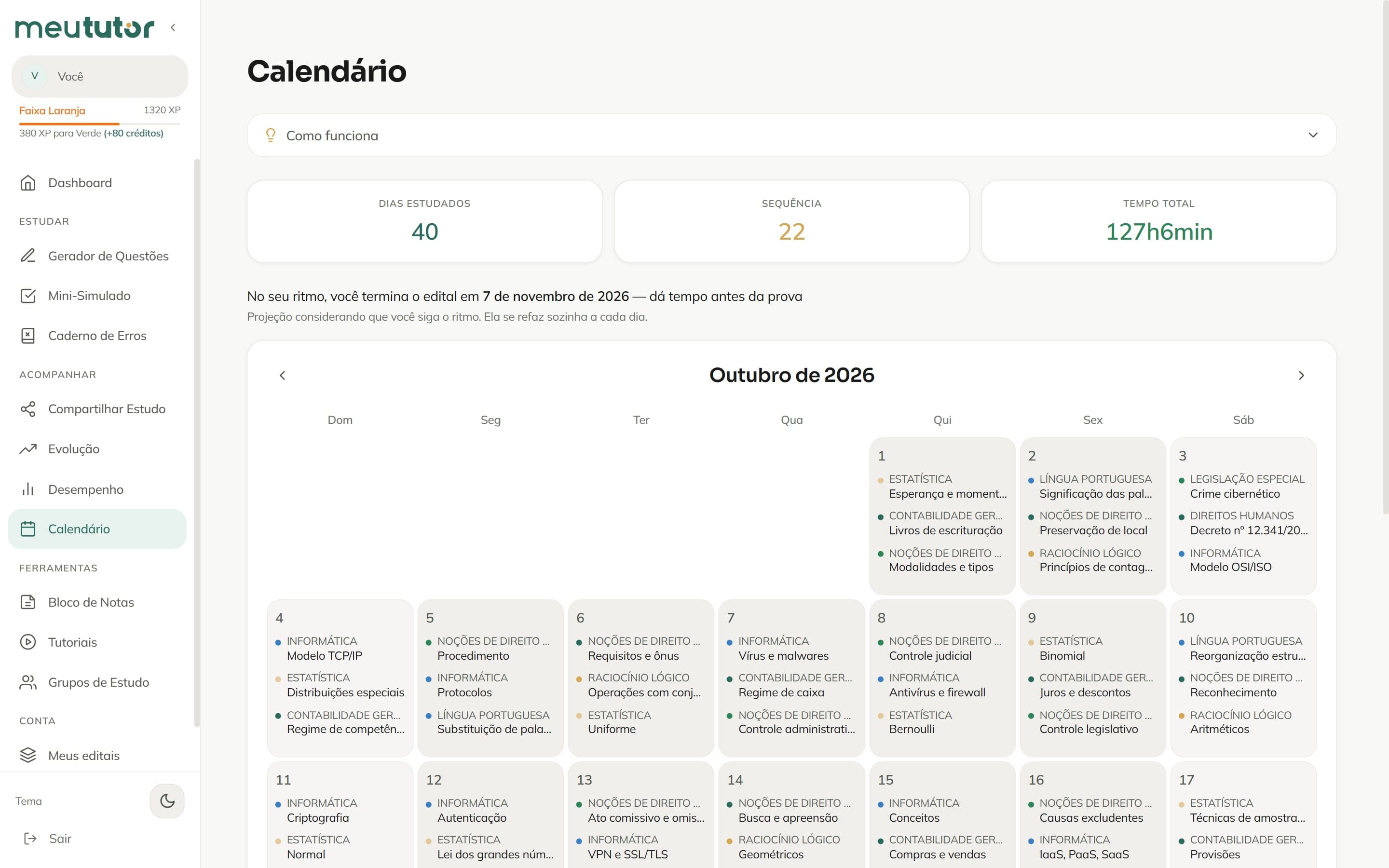 Tela do MeuTutor: A rotina que não quebra quando a semana quebra