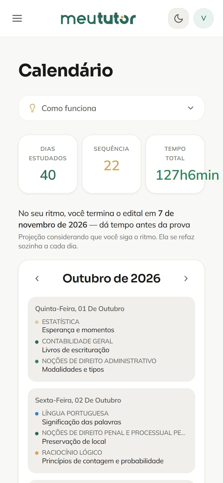 Tela do MeuTutor no celular: A rotina que não quebra quando a semana quebra