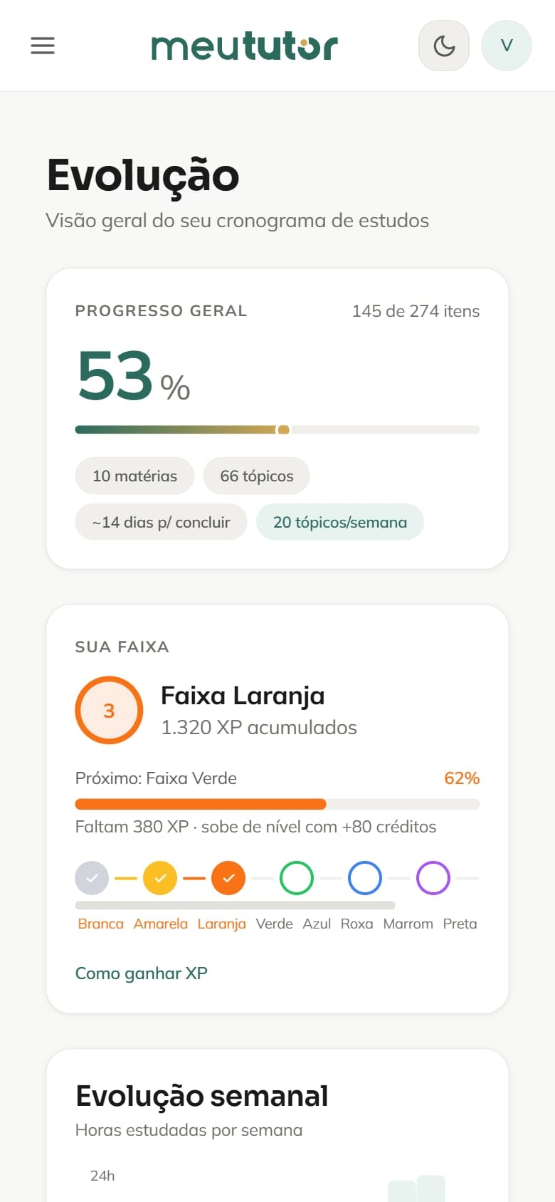 Tela do MeuTutor no celular: Acompanhe sua evolução semana a semana