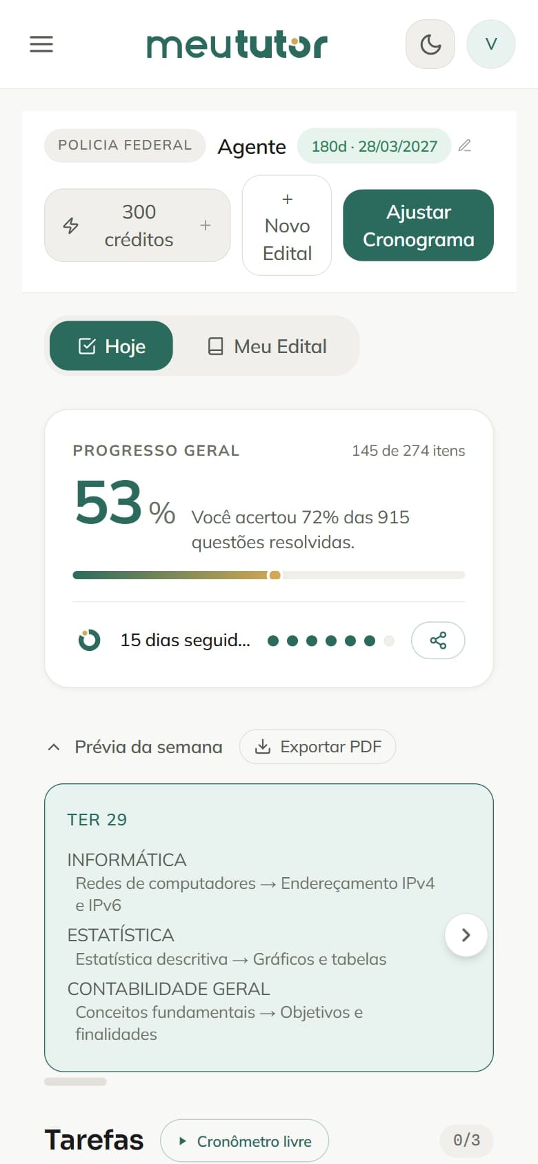 Tela do MeuTutor no celular: Abra o app e o seu dia já está montado