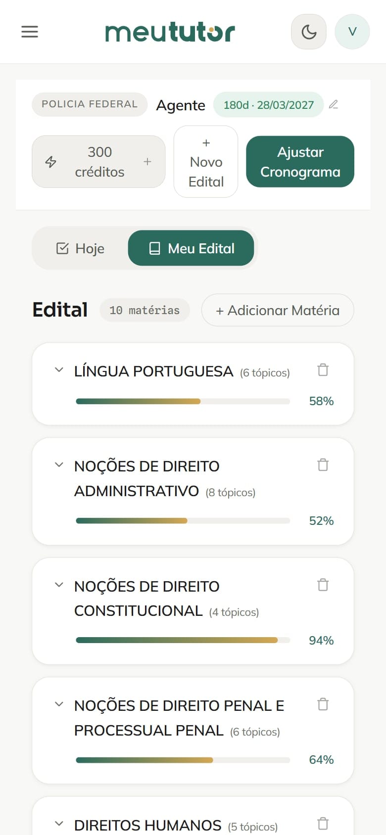 Tela do MeuTutor no celular: Seu edital verticalizado, com quanto falta em cada matéria