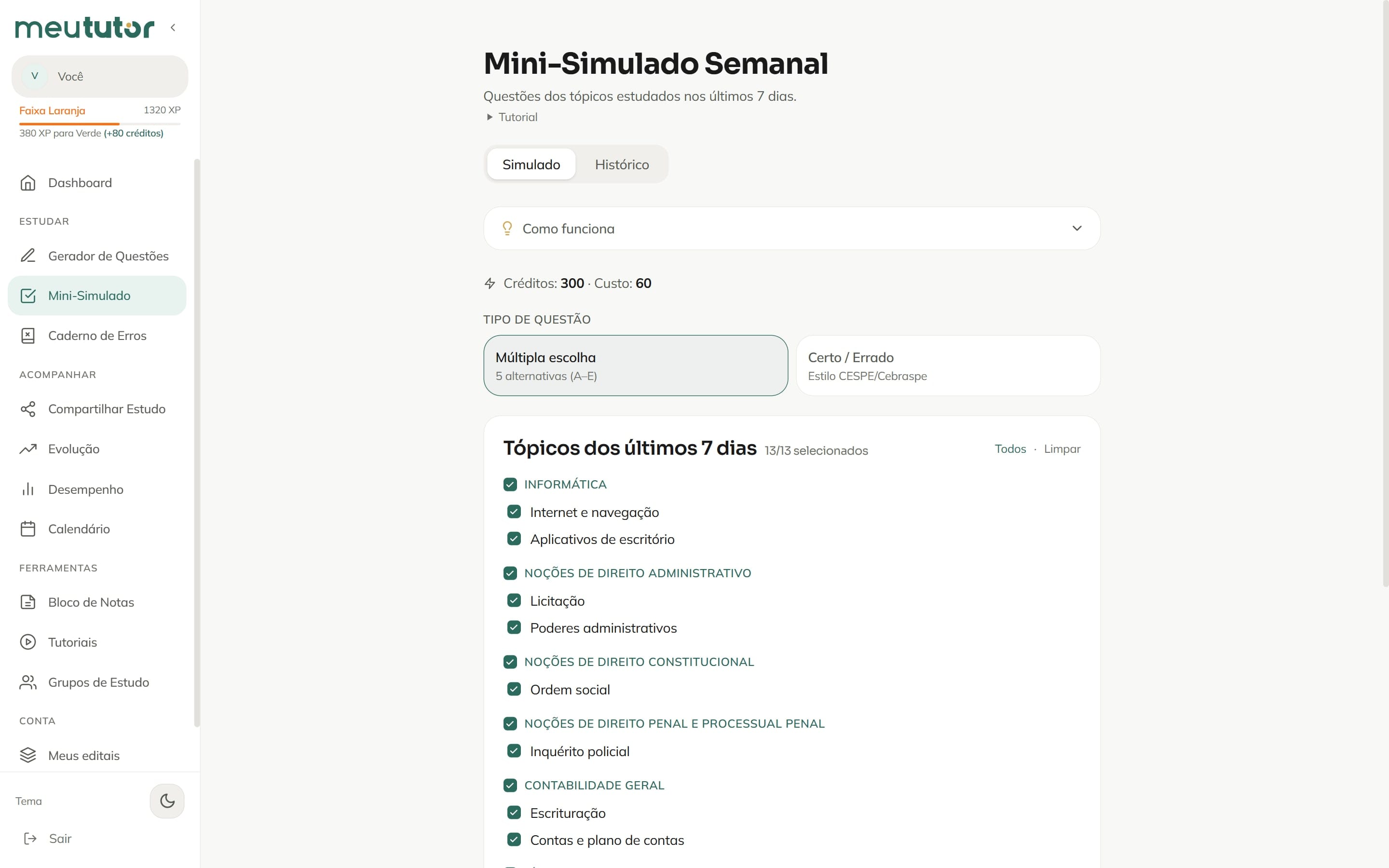 Tela do Mini-Simulado semanal do MeuTutor com os tópicos estudados nos últimos 7 dias
